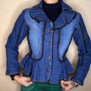 RARE FIND Blue Denim Jacket with Black Trim Lace RuffledWaist